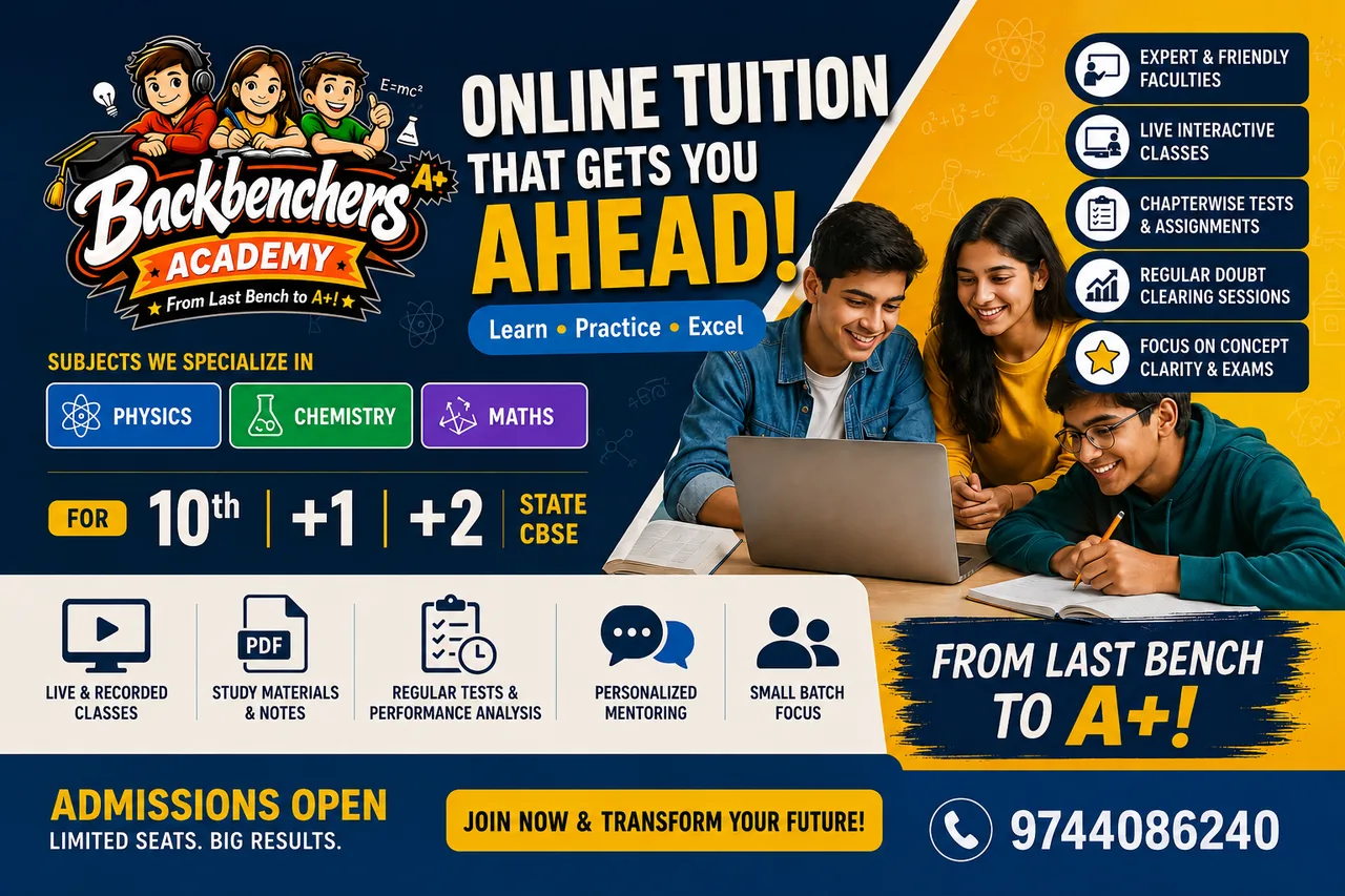 Backbenchers Academy — online tuition for 10th, Plus One and Plus Two with live Physics, Chemistry and Maths classes